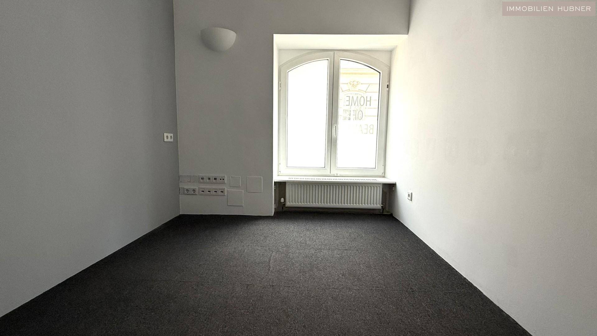 Einfacher Raum mit einem großen Bogenfenster, Teppichboden und grauen Wänden, bietet eine neutrale Basis.