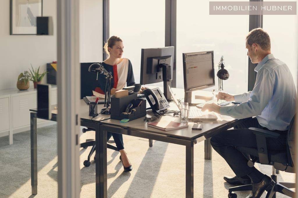 Zwei Personen arbeiten konzentriert an ihren Schreibtischen in einem hellen Büro mit großen Fenstern und moderner Ausstattung.