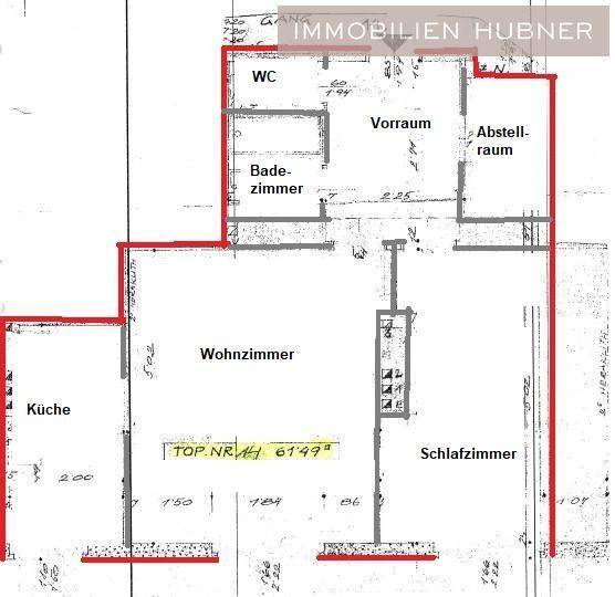 Grundriss einer Wohnung mit Wohnzimmer, Schlafzimmer, Küche, Bad und separatem WC.
