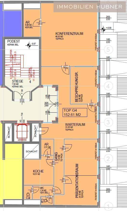 Detaillierter Grundriss einer Gewerbefläche von 152,61 m² mit mehreren Räumen.