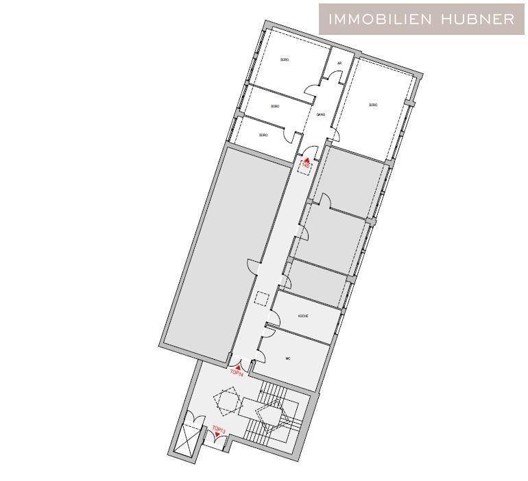 Grundrissplan mit mehreren Büroräumen, einer Küche und Sanitärbereichen.