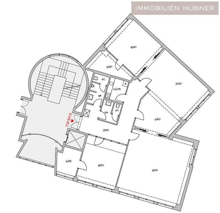 Detaillierter Grundriss mit mehreren Büroräumen, Küche, Toiletten und einem zentralen Gang.