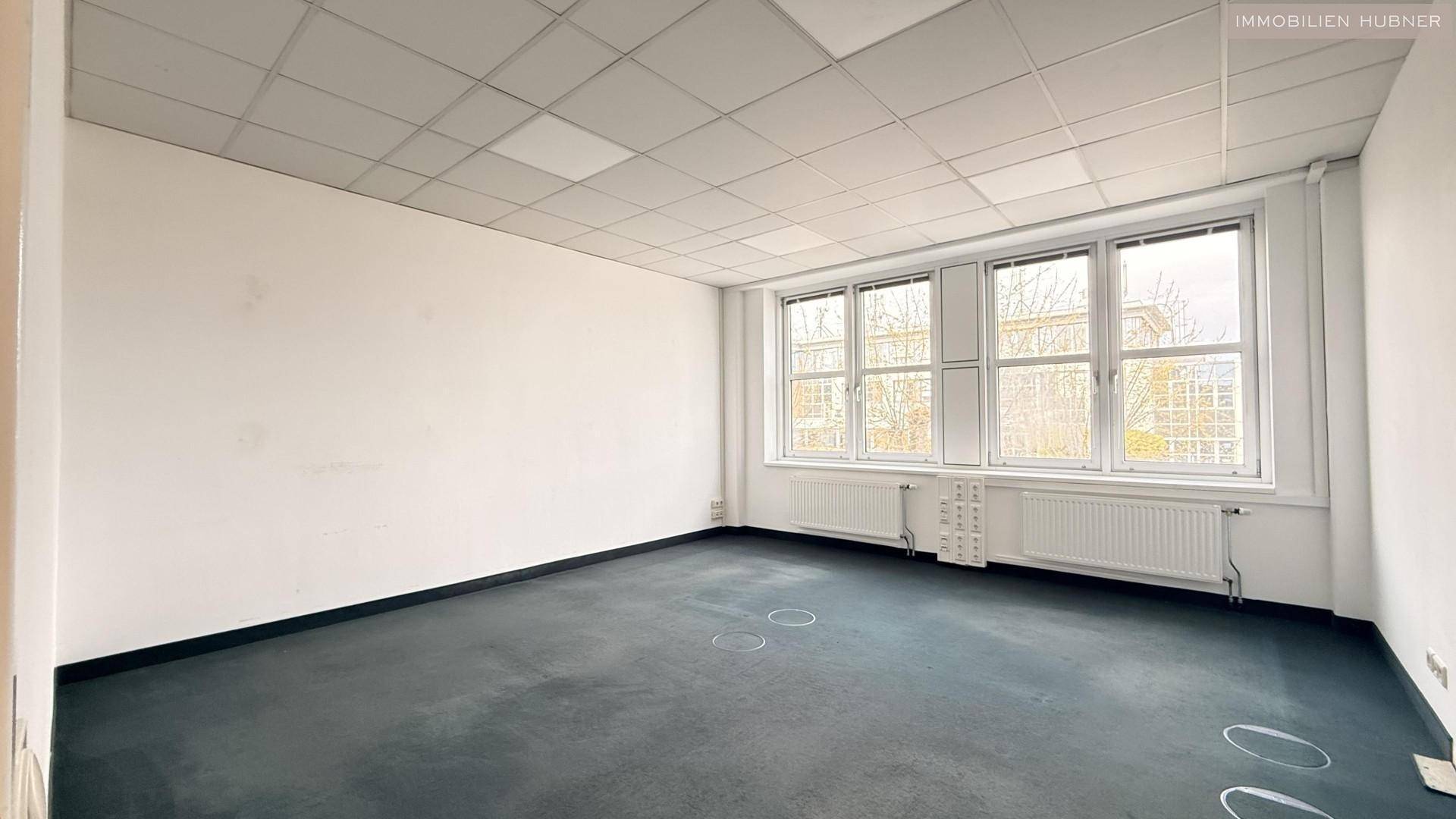 Helles Büro mit Teppichboden und vielen Fenstern, bietet viel Tageslicht für eine angenehme Arbeitsatmosphäre.