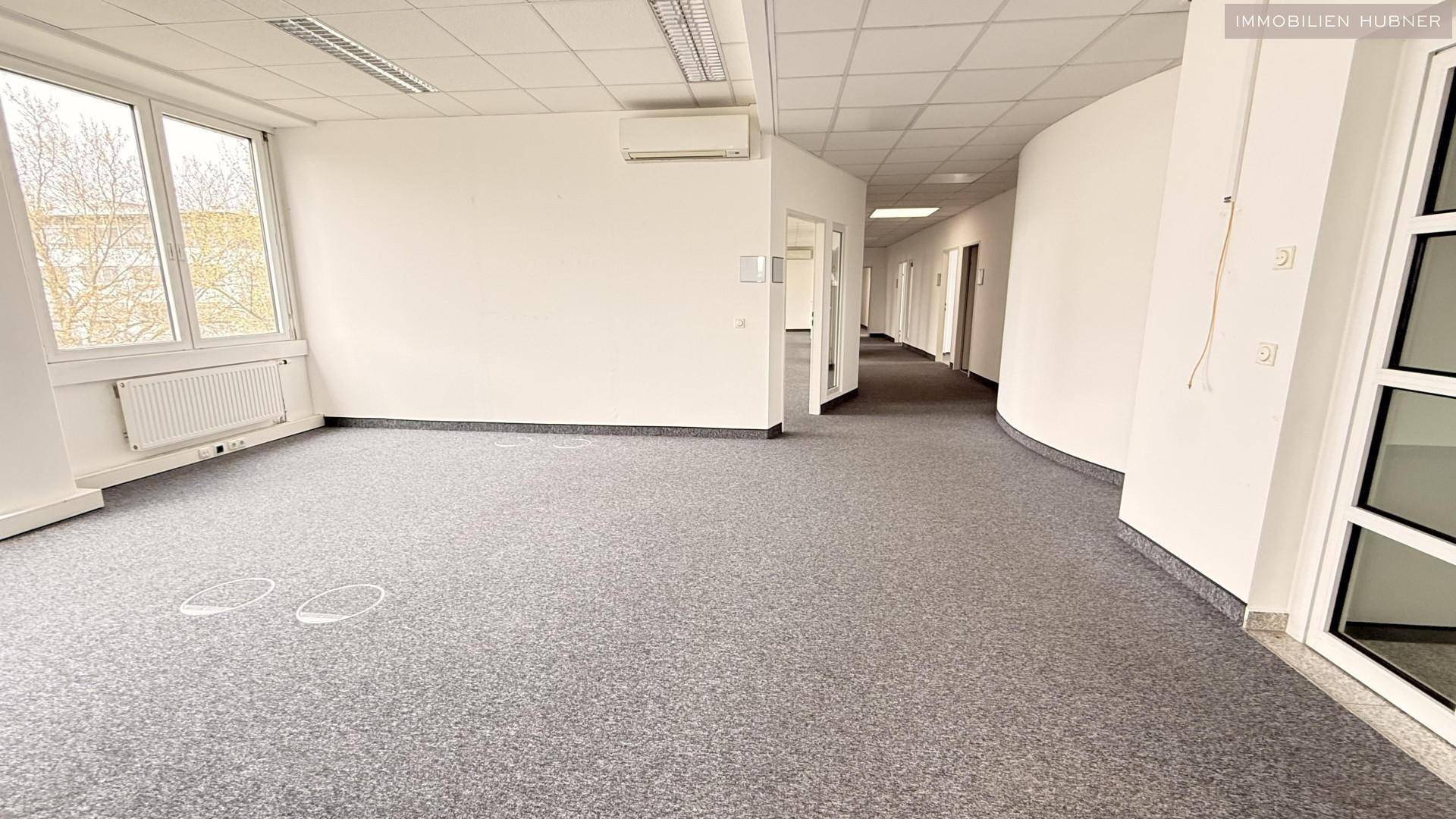 Großes Büro mit Teppichboden und Zugang zu einem langen Flur, ideal für Großraumbüros.