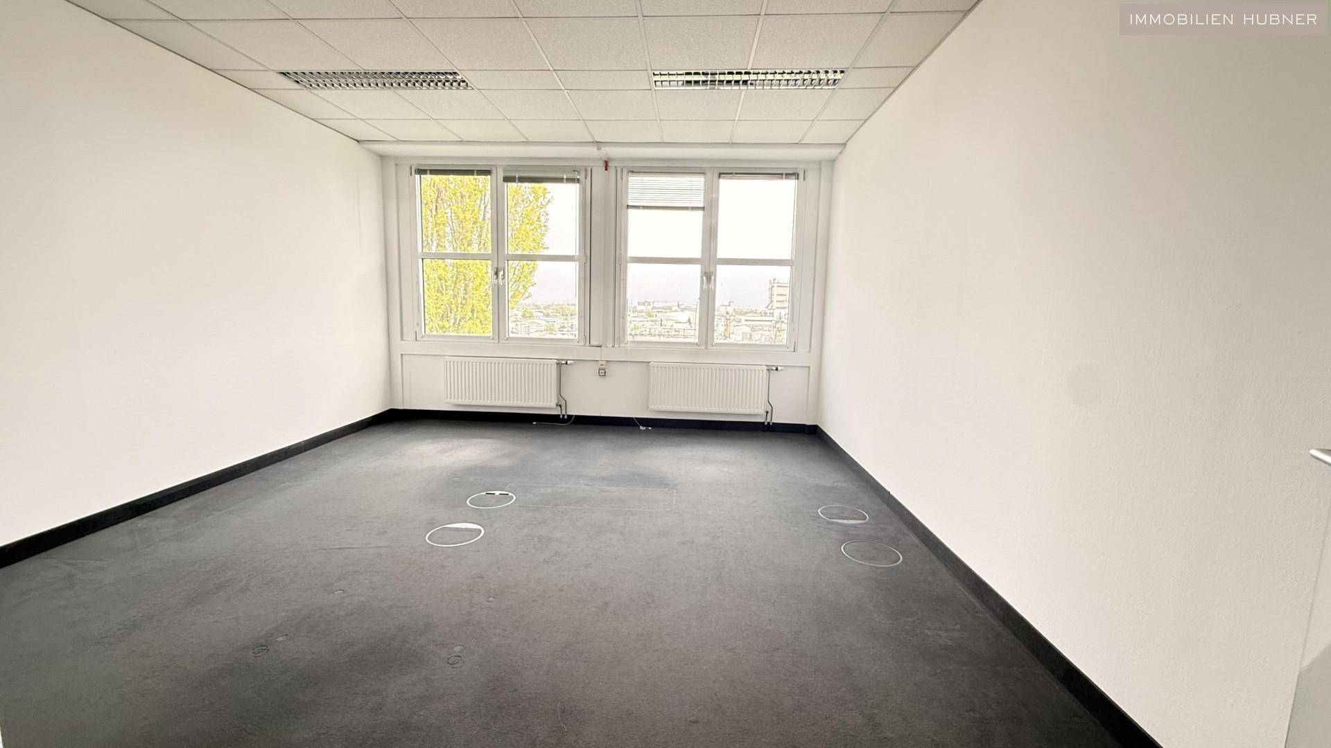 Helles Büro mit Teppichboden und zwei großen Fenstern, die eine gute Belichtung und eine angenehme Arbeitsumgebung schaffen.