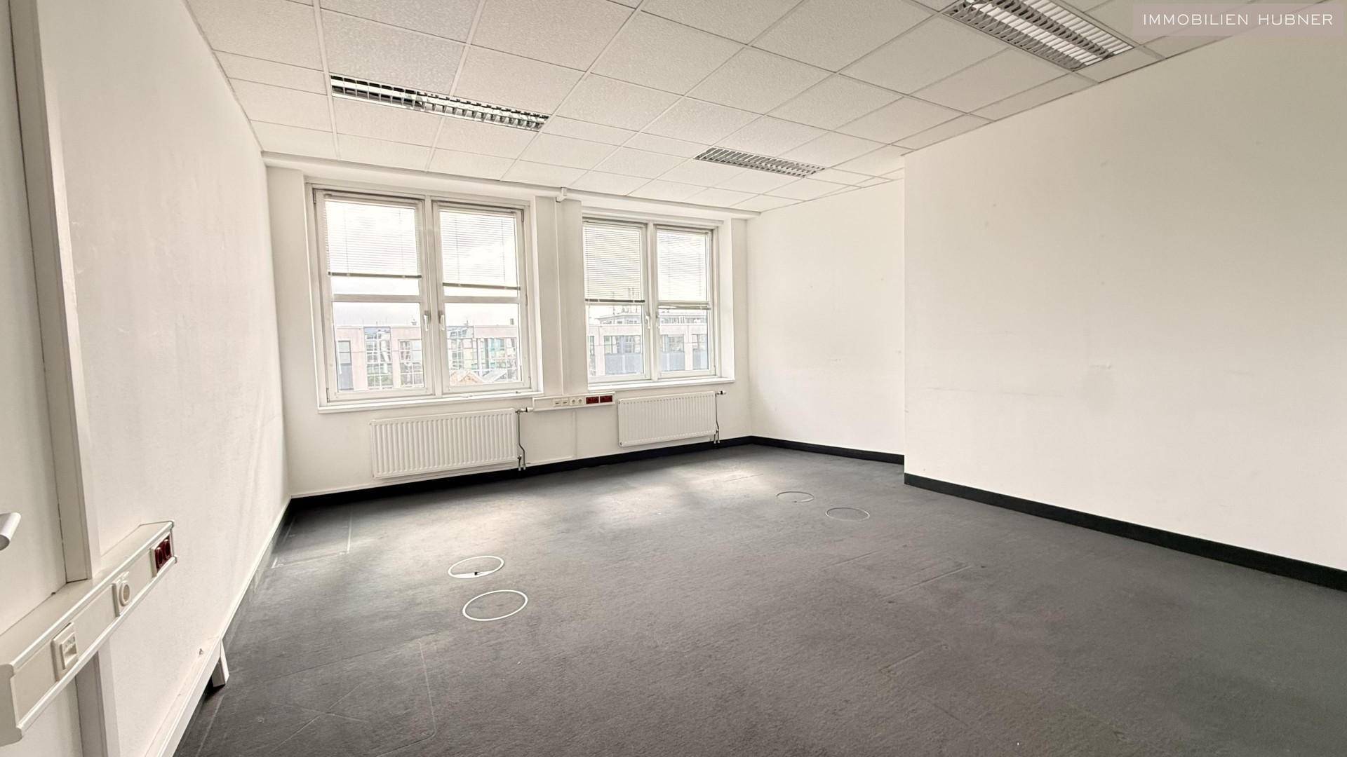 Helles Büro mit Teppichboden, großen Fenstern und abgehängter Decke, bietet viel Tageslicht für eine angenehme Arbeitsatmosphäre.