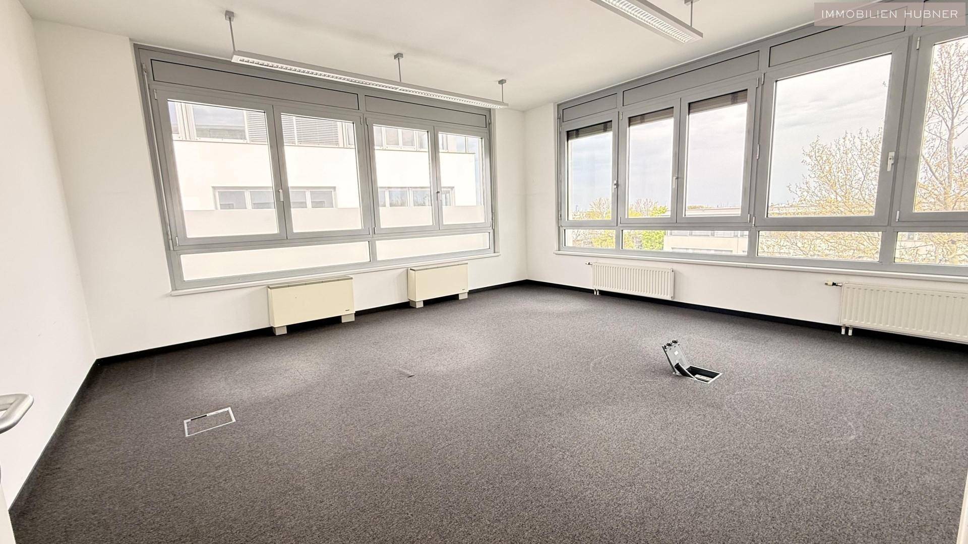 Helles Büro mit Teppichboden und mehreren Fenstern, bietet eine gute Belichtung und Ausblick.