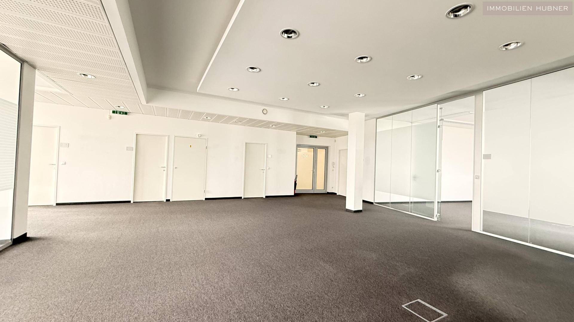 Großer offener Bürobereich mit Teppichboden und Glaswänden, bietet flexible Arbeitsplatzgestaltung.