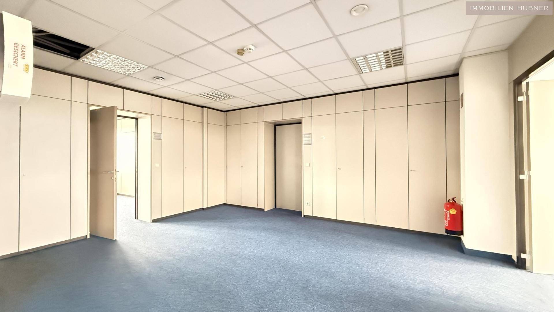 Leeres Büro mit blauer Teppichboden, modularen Wänden und abgehängter Decke.