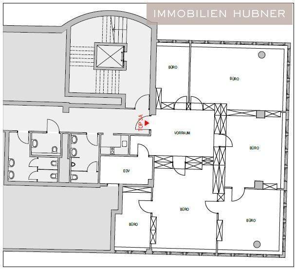 Grundrissplan einer Büroetage mit mehreren Büroräumen, einem Vorraum und Sanitäranlagen.