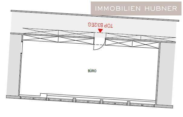 Grundriss eines Büros im Erdgeschoss mit einem Eingangsbereich und einer langen Fensterfront.