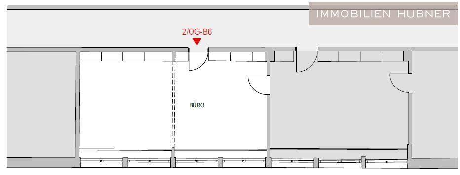 Grundriss eines Bürobereichs mit zwei Räumen und einem Eingang, gekennzeichnet als 2/OG-B6.