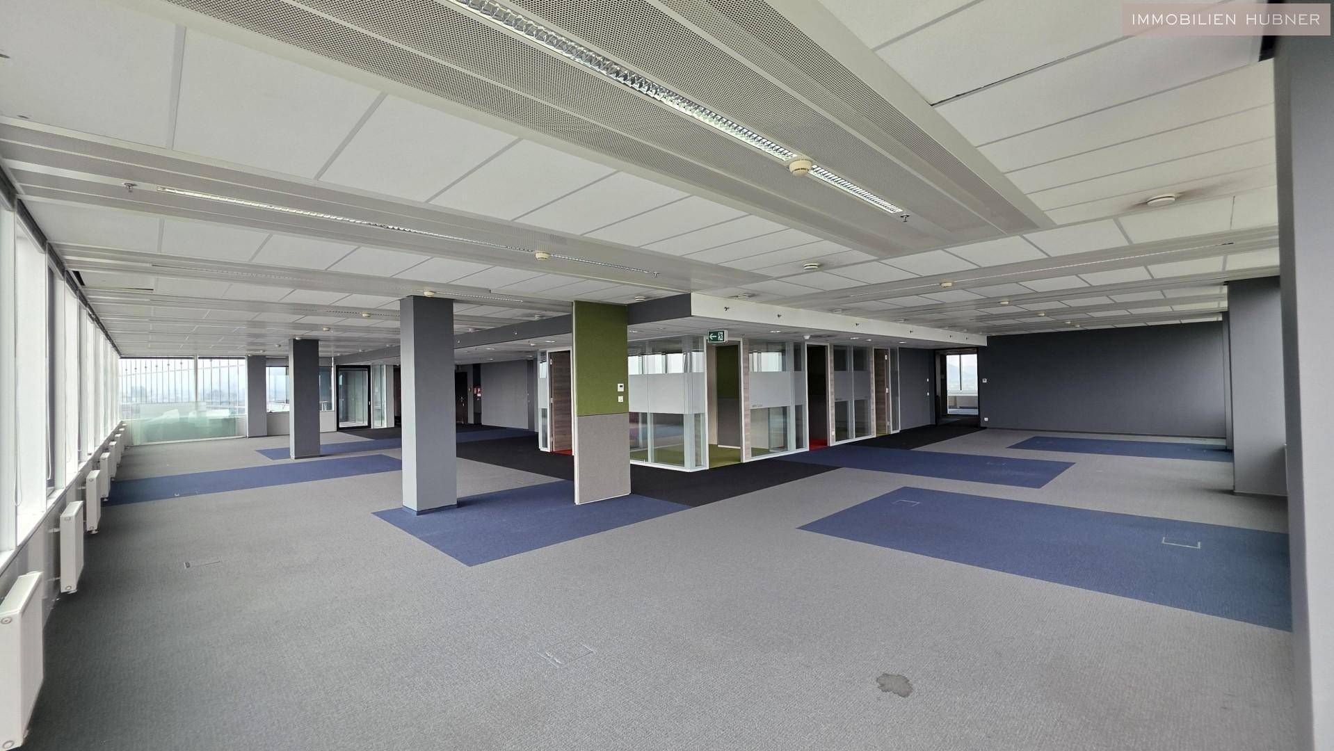 Großes, offenes Büro mit Teppichboden und modernen Glasabtrennungen für flexible Arbeitsbereiche.