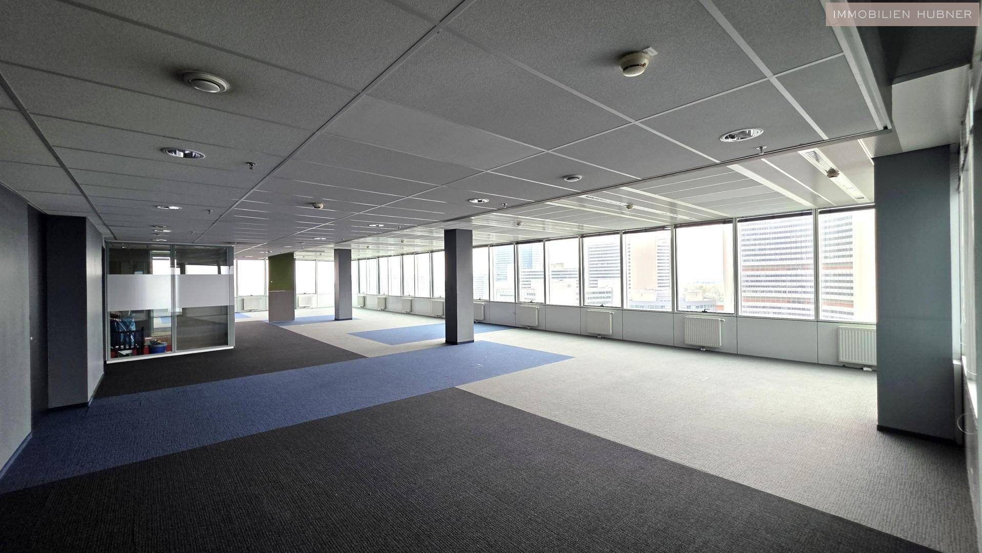 Weitläufiges, offenes Büro mit gemustertem Teppichboden und vielen Fenstern für helle Arbeitsplätze.