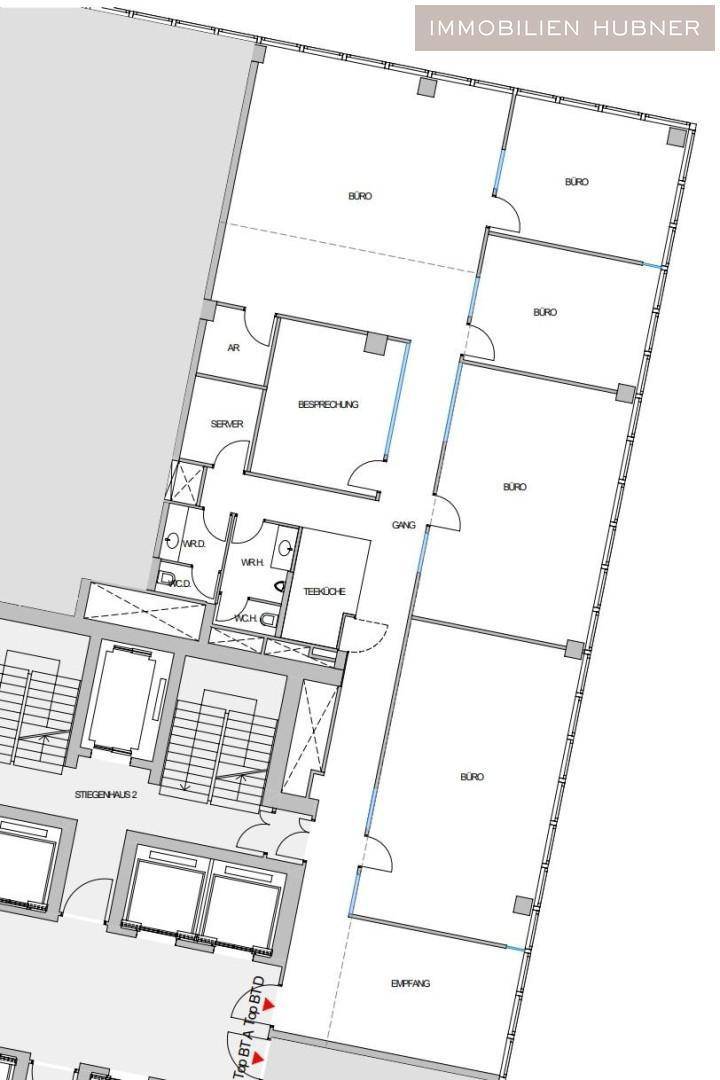 Detaillierter Grundriss einer Büroetage mit mehreren Büroräumen, Besprechungszimmer und Teeküche.