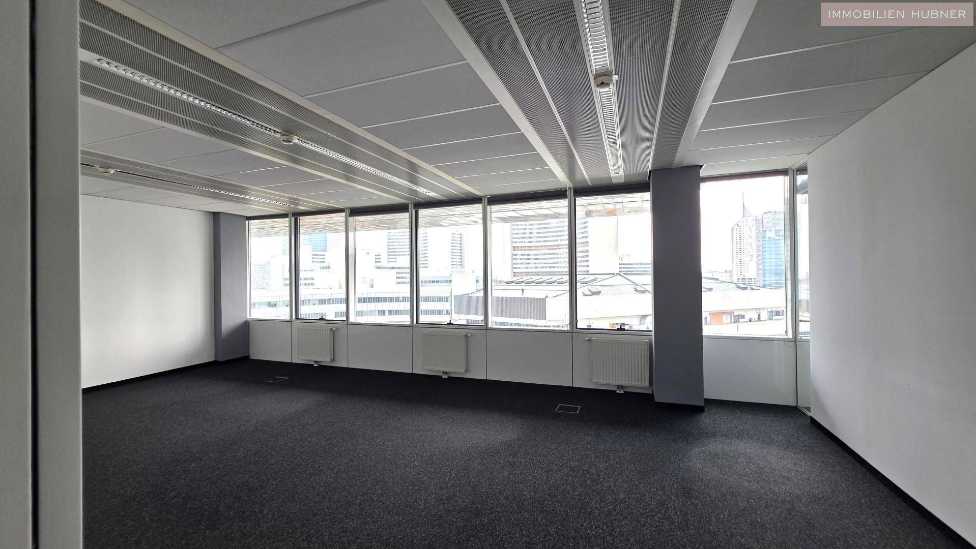 Leeres Büro mit dunklem Teppichboden und großen Fenstern, die einen Blick auf die umliegenden Gebäude ermöglichen.
