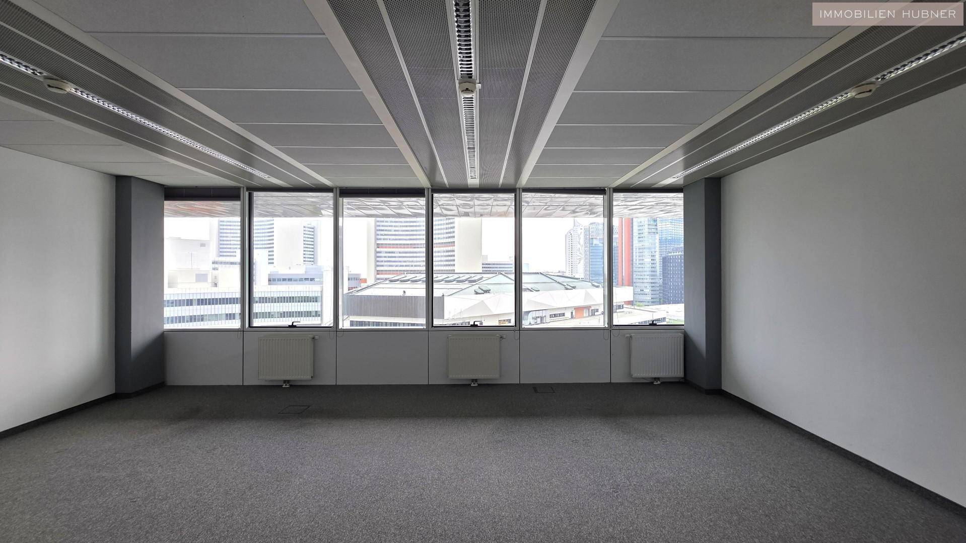 Geräumiges, leeres Büro mit Teppichboden und einer Fensterfront, die viel Tageslicht hereinlässt.