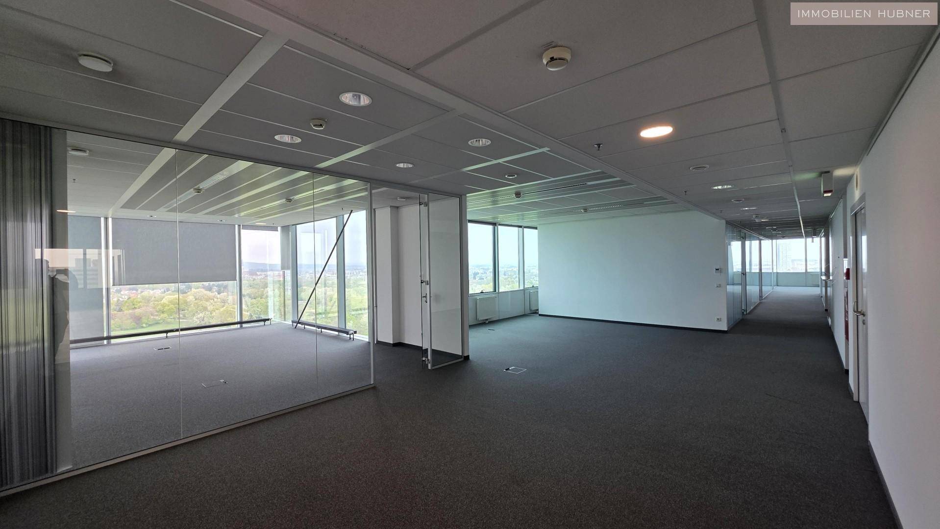 Großes Büro mit flexiblen Glaswänden und weitem Ausblick, ideal für moderne Arbeitskonzepte.