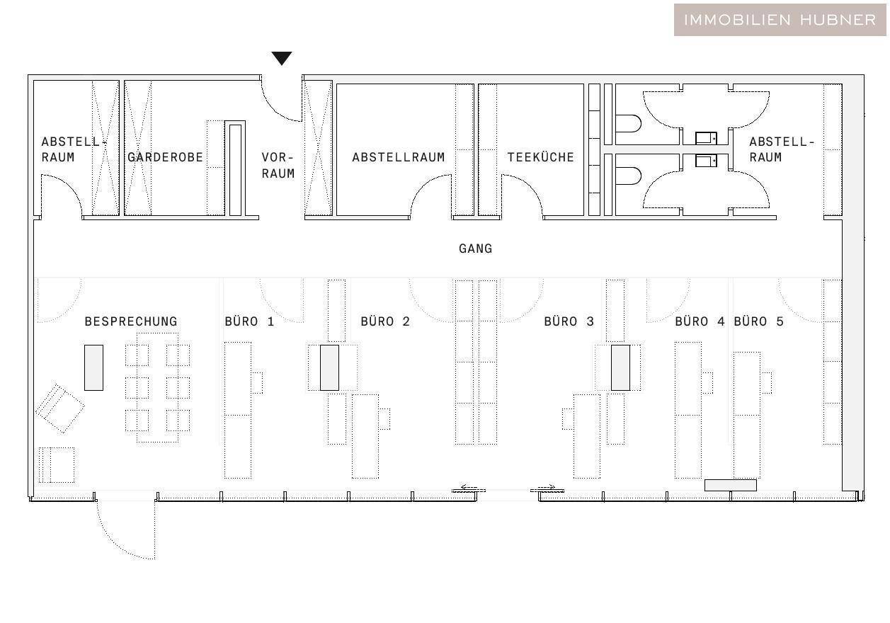 Grundriss einer Büroetage mit mehreren Büros, Besprechungsraum, Teeküche und Abstellräumen.