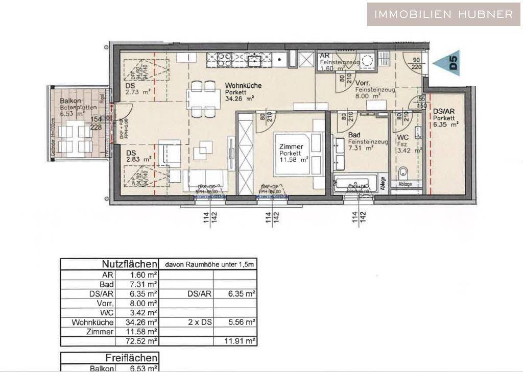 Detaillierter Grundriss der Wohnung mit Raumaufteilung und Flächenangaben.