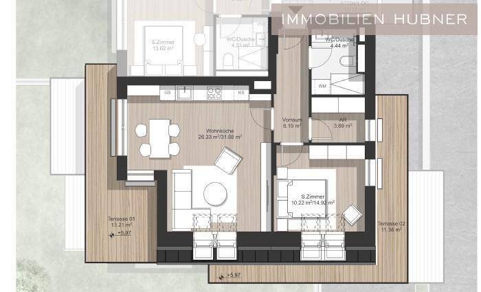 Grundriss einer Wohnung mit zwei Terrassen, offenem Wohnbereich und zwei Schlafzimmern, gut durchdacht.
