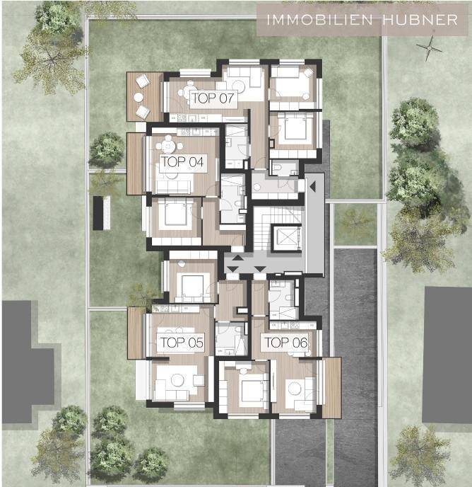 Gesamtübersicht der Wohnungen auf einer Etage mit Außenbereichen.