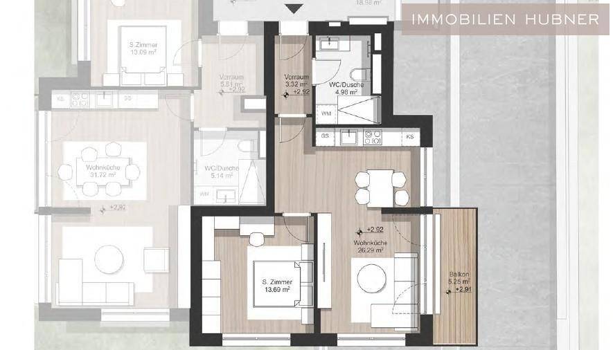 Grundriss einer Wohnung mit Schlafzimmer, Wohnküche und Balkon.