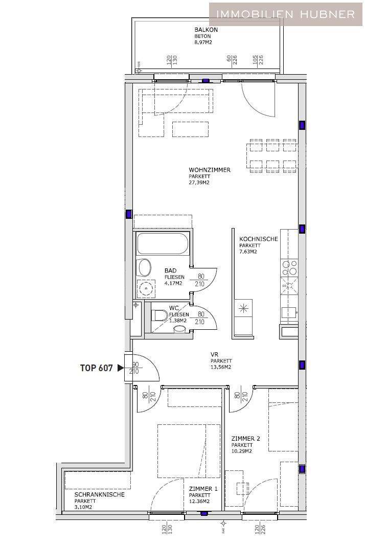Grundriss einer Wohnung mit zwei Schlafzimmern, offenem Wohnbereich und Balkon.