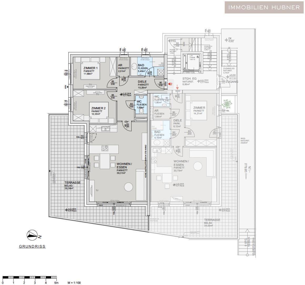 Detaillierter Grundriss einer Wohnung mit Wohn-Essbereich, zwei Schlafzimmern und Terrasse.