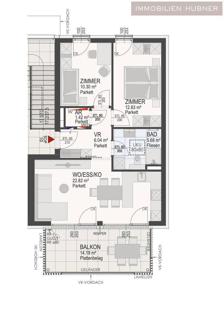 Detaillierter Grundriss einer Wohnung mit offenem Wohnbereich, zwei Schlafzimmern und Balkon.