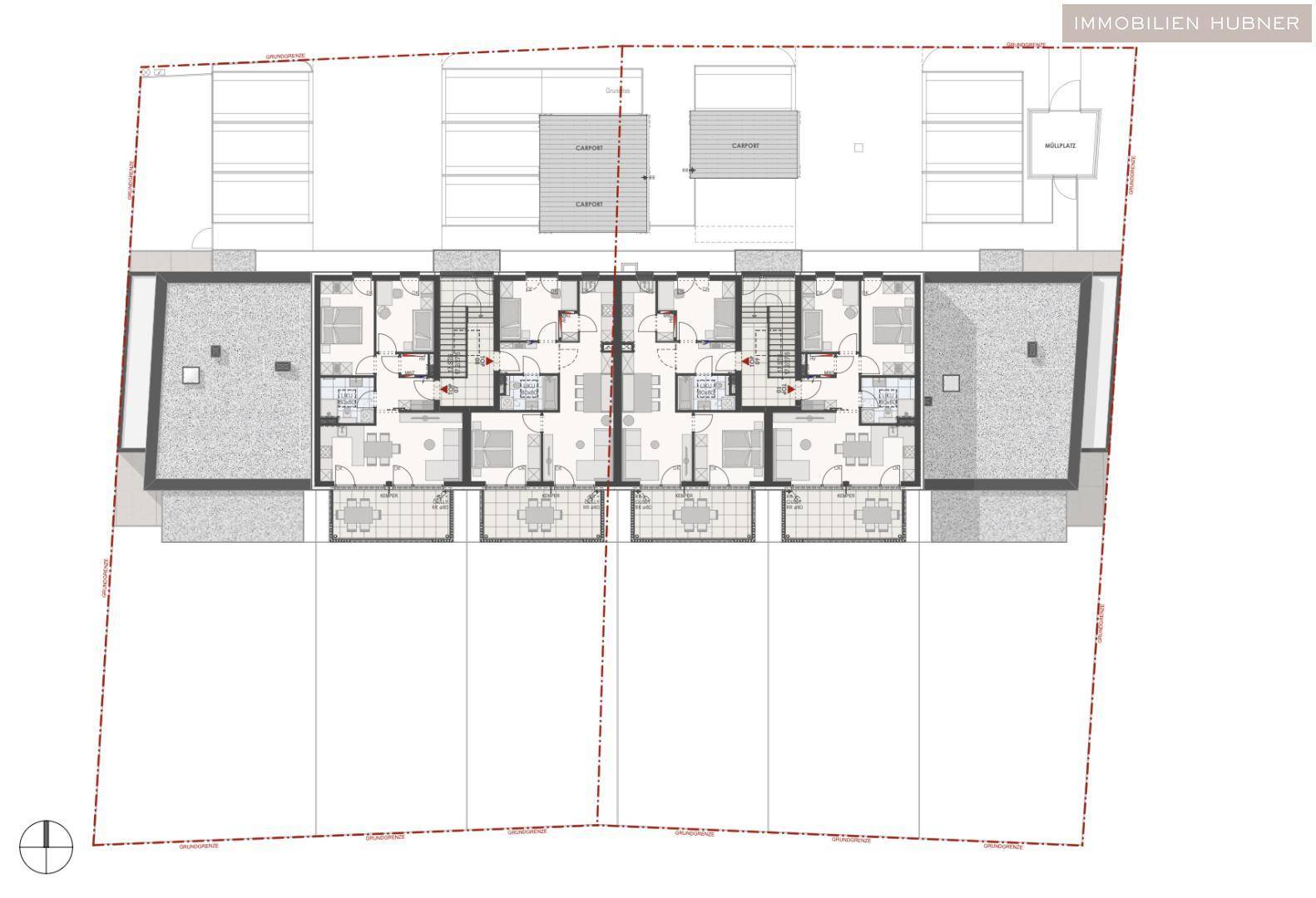 Gesamtgrundriss der Wohnanlage mit mehreren Einheiten und zugehörigen Carports.
