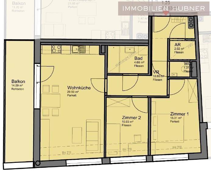 Grundriss einer Wohnung mit Wohnküche, zwei Zimmern, Bad, WC und großem Balkon.