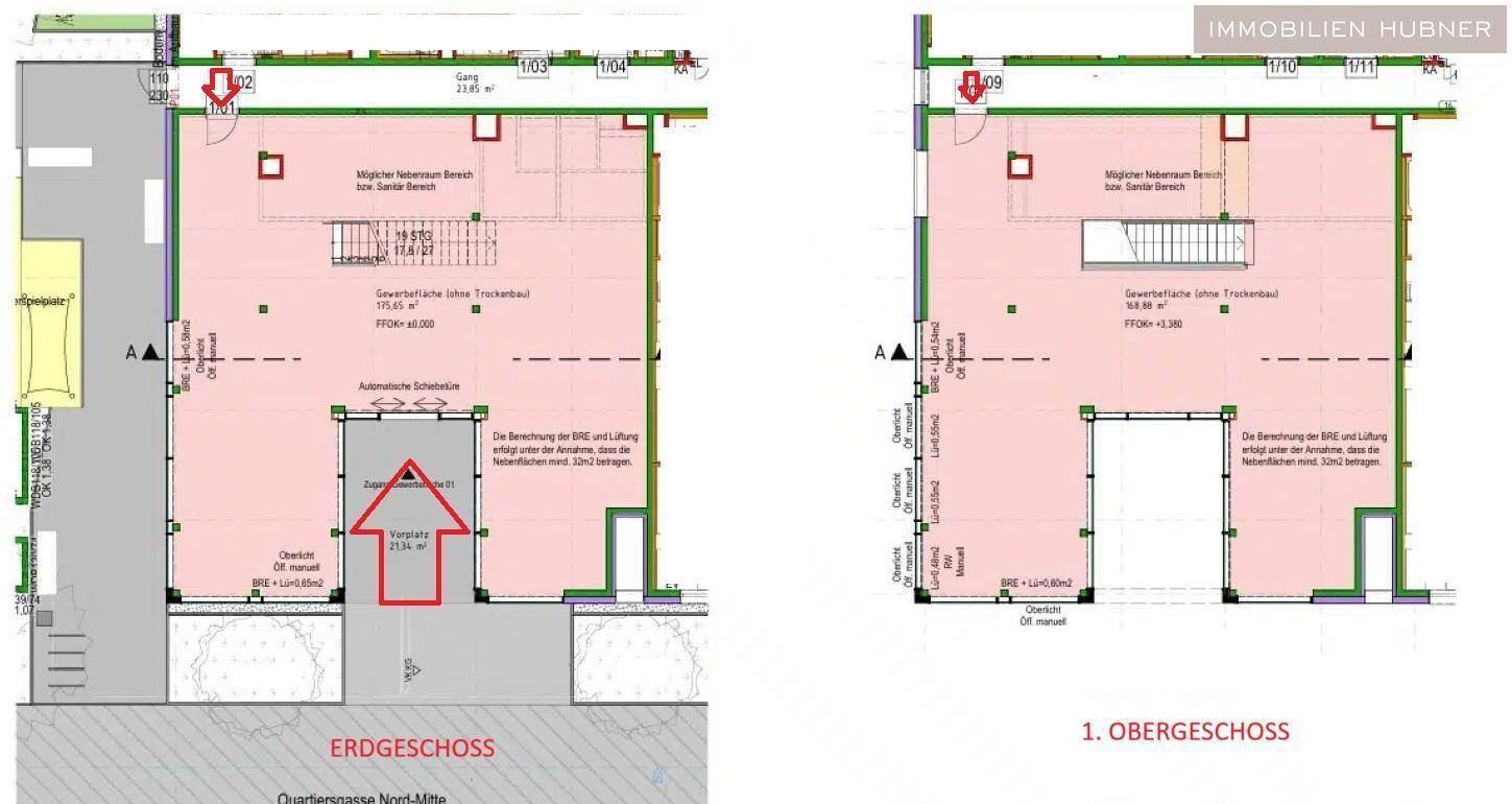 Grundrisse für Erdgeschoss und erstes Obergeschoss eines Gewerbeobjekts mit Flächenangaben.