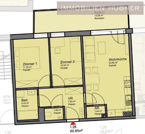 Grundriss der Wohnung mit offener Wohnküche, zwei Schlafzimmern und einem Balkon.
