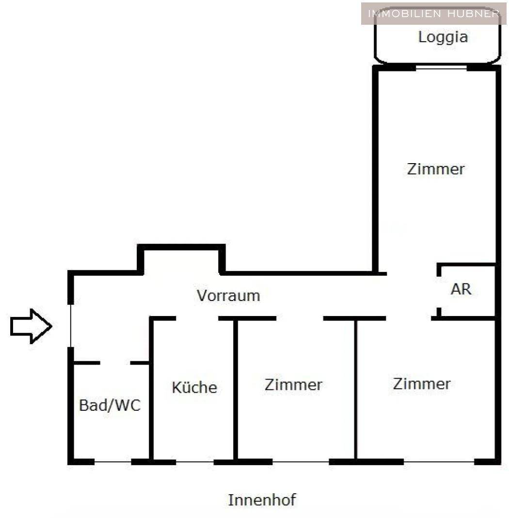 Grundriss einer Wohnung mit mehreren Zimmern, Küche, Bad/WC und einer Loggia.