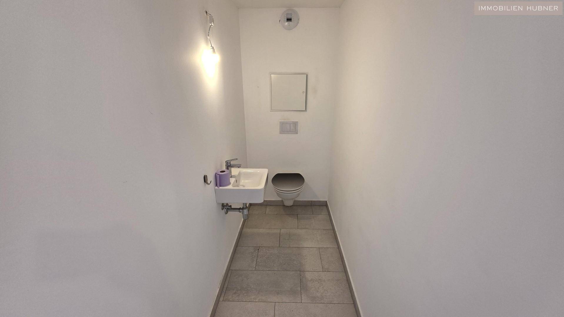 Separates WC mit Toilette, kleinem Waschbecken und gefliestem Boden.
