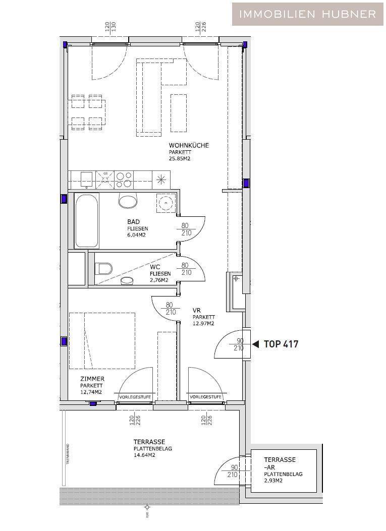 Grundriss der Wohnung zeigt eine Wohnküche, ein Schlafzimmer und zwei Terrassen.