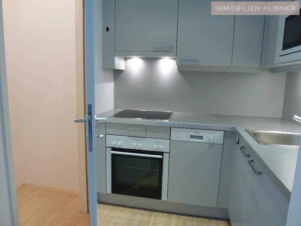 Kompakte Küchenzeile mit modernen grauen Fronten und allen notwendigen Einbaugeräten für den täglichen Gebrauch.