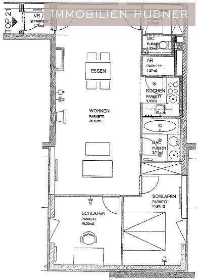 Detaillierter Grundriss einer Wohnung mit offenem Wohn-Essbereich, zwei Schlafzimmern und separatem WC.