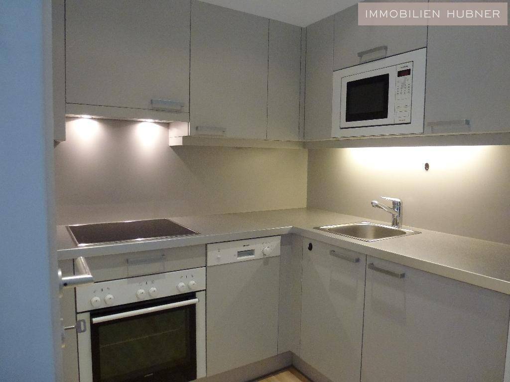 Moderne Küchenzeile mit grauen Schränken und integrierten Geräten, inklusive Backofen und Mikrowelle.