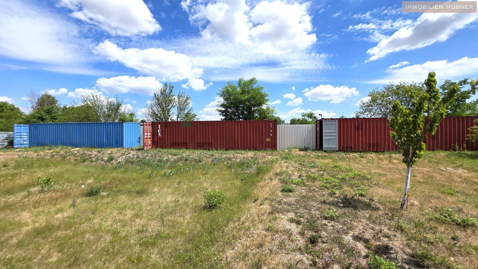Reihe von bunten Überseecontainern auf einer grünen Wiese unter blauem Himmel.