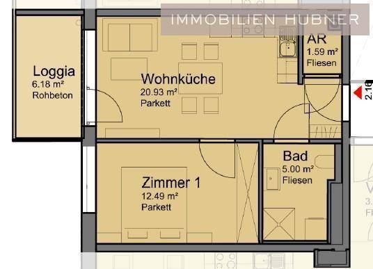 Grundrissplan mit Wohnküche, einem Zimmer, Bad und Loggia, detailliert mit Flächenangaben.