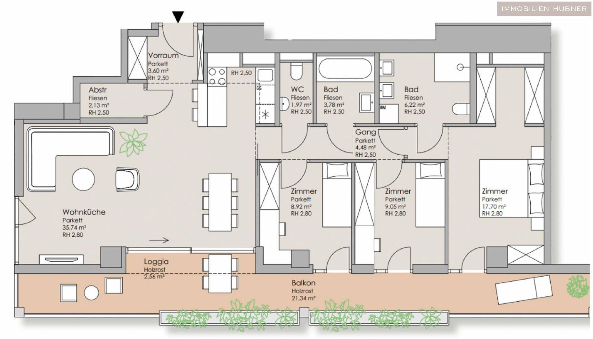Grundriss einer modernen Wohnung mit offenem Wohnbereich, zwei Bädern, Loggia und großem Balkon.
