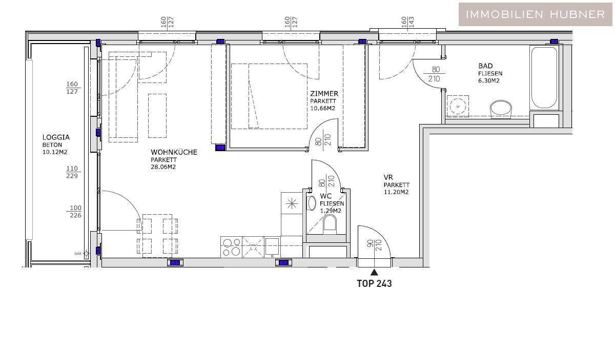 Grundriss einer Wohnung mit Loggia, Wohnküche, Zimmer und Bad, inklusive Flächenangaben.
