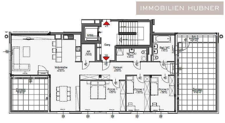 Detaillierter Grundriss der Wohnung mit Aufteilung in Wohnküche, Schlafzimmer und Bäder.