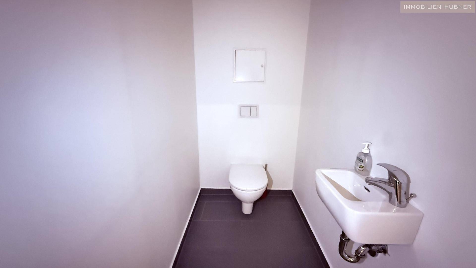 Separates Gäste-WC mit wandhängender Toilette und kleinem Handwaschbecken.