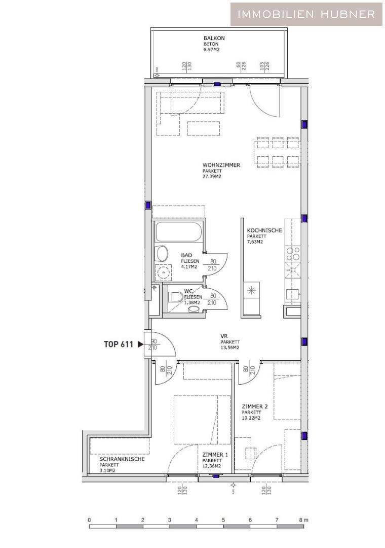 Detaillierter Grundriss der Wohnung mit drei Zimmern, Balkon und separatem WC.