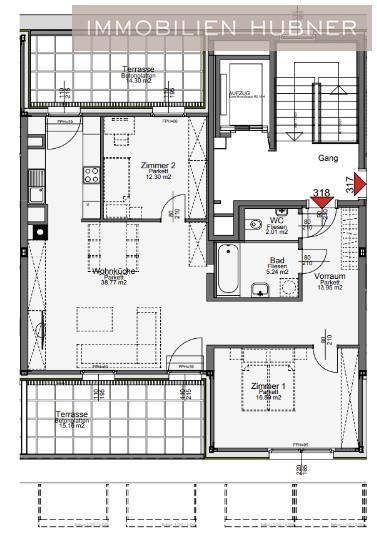Detaillierter Grundriss einer Wohnung mit zwei Terrassen, offener Wohnküche und zwei Schlafzimmern.