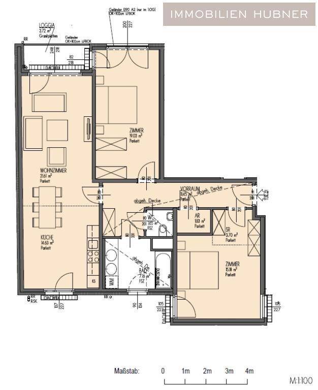 Detaillierter Grundriss einer Wohnung mit Wohnzimmer, Küche, zwei Schlafzimmern und Loggia.