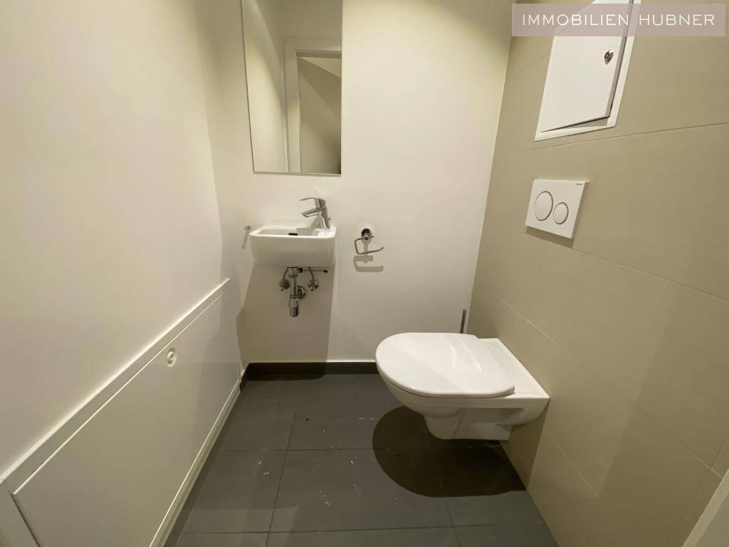 Separates Gäste-WC mit wandhängender Toilette und kleinem Waschbecken.
